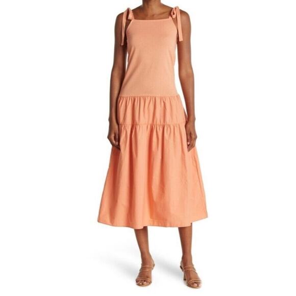 TOPSHOP Dress Size 2 Tiered Poplin Midi Peach Orange Casual Summer Ties NWT - Picture 1 of 13